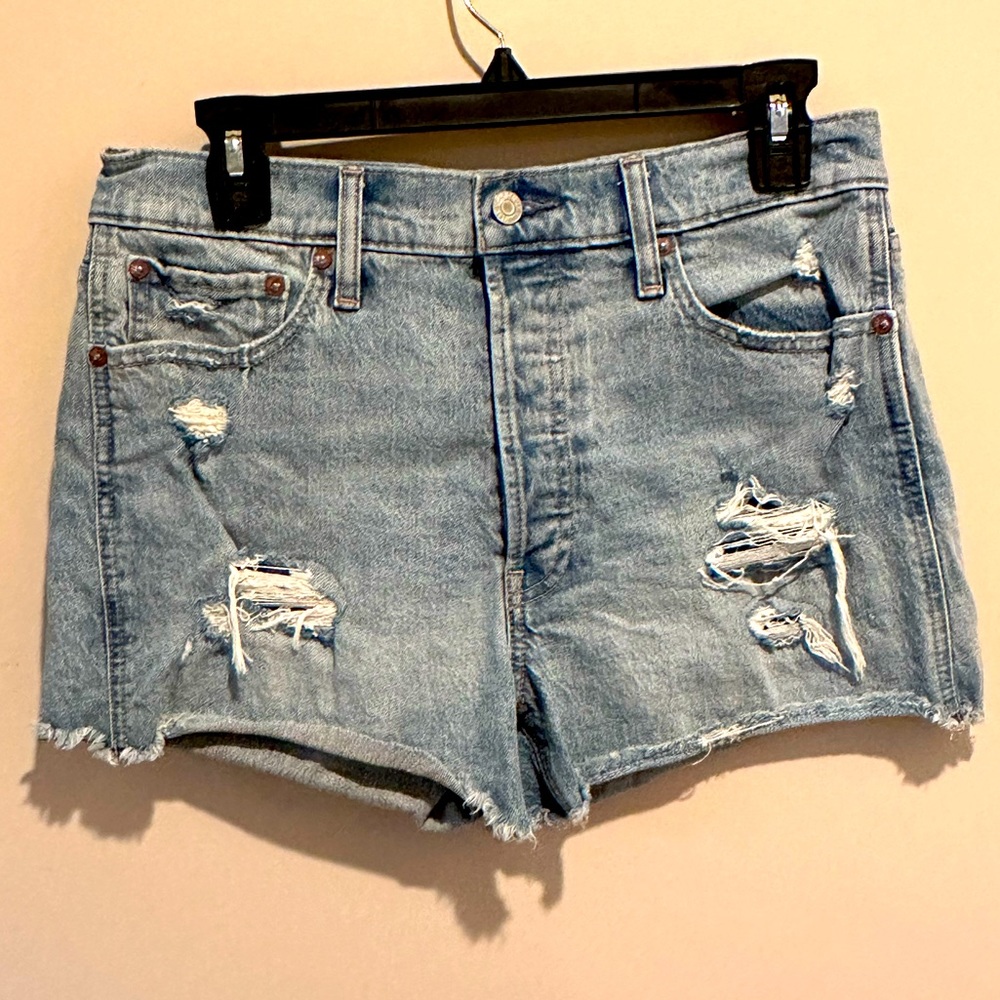 GAP High Waisted Button Fly Cheeky Denim Distressed Shorts in Light Denim Color